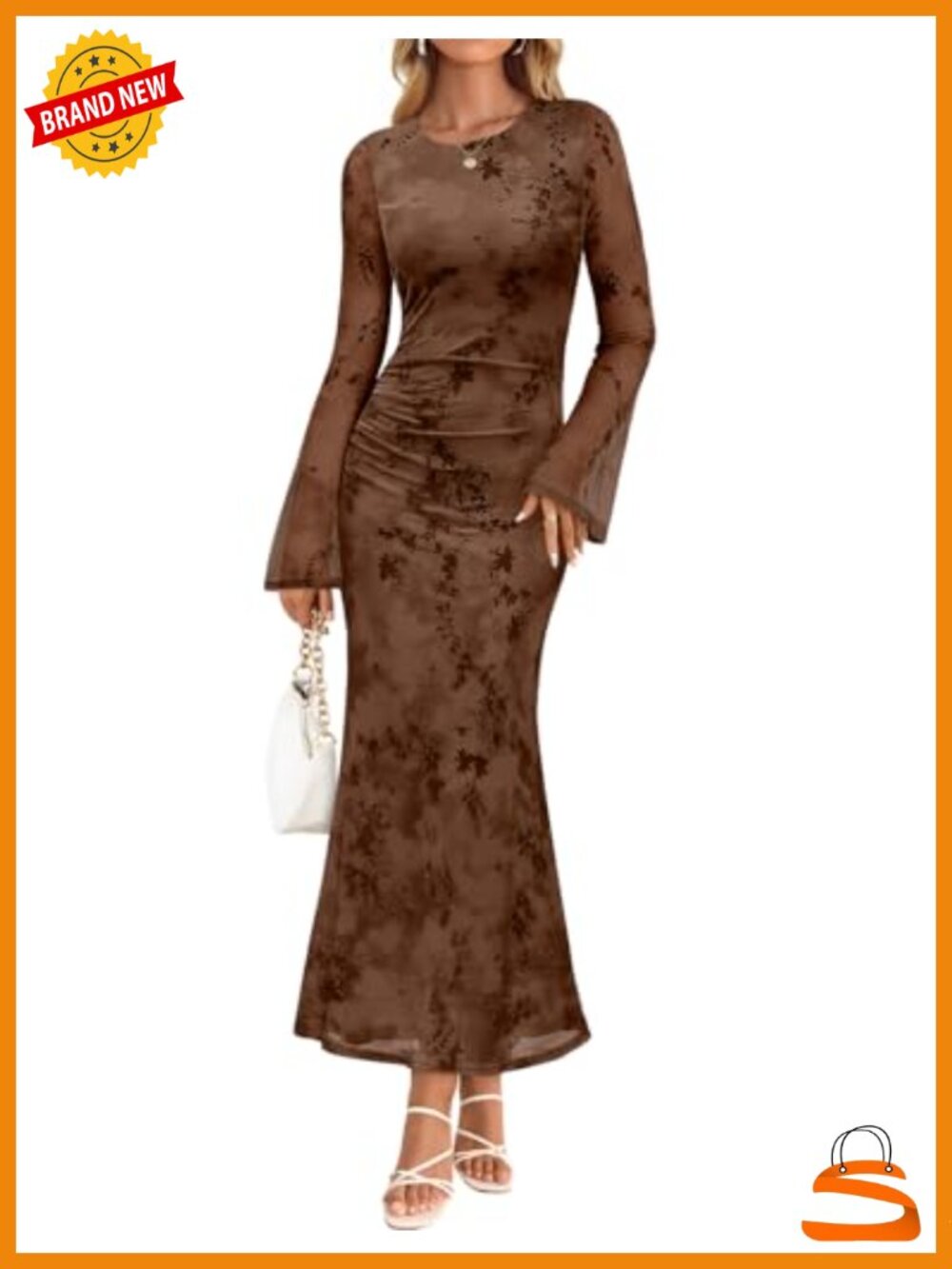 Long Sleeve Floral Bodycon Ruched Mesh Maxi Formal Dress